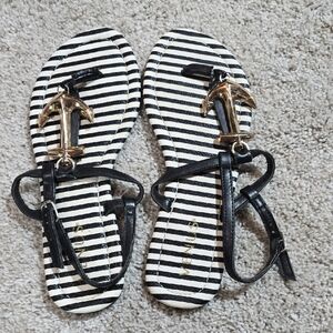 VENUS Black and White Striped Sandals with Gold Anchor